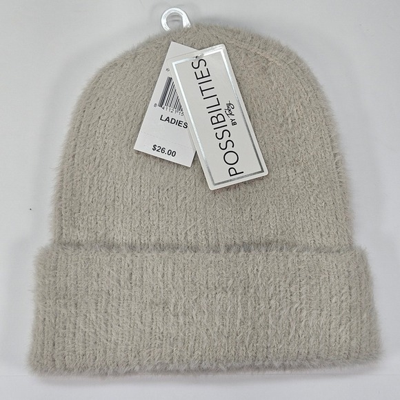 Possibilities by Tobby Accessories - Possibilities, Toby Beige Fuzzy Knit Beanie Hat Women's Warm Winter Fall Fashion